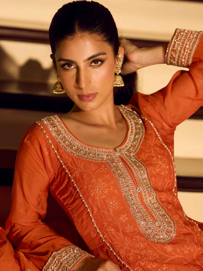 Rust Orange Chinon Silk Beads Embroidered Sharara Suit Sharara Suit Anant Tex Exports Pvt.Ltd..
