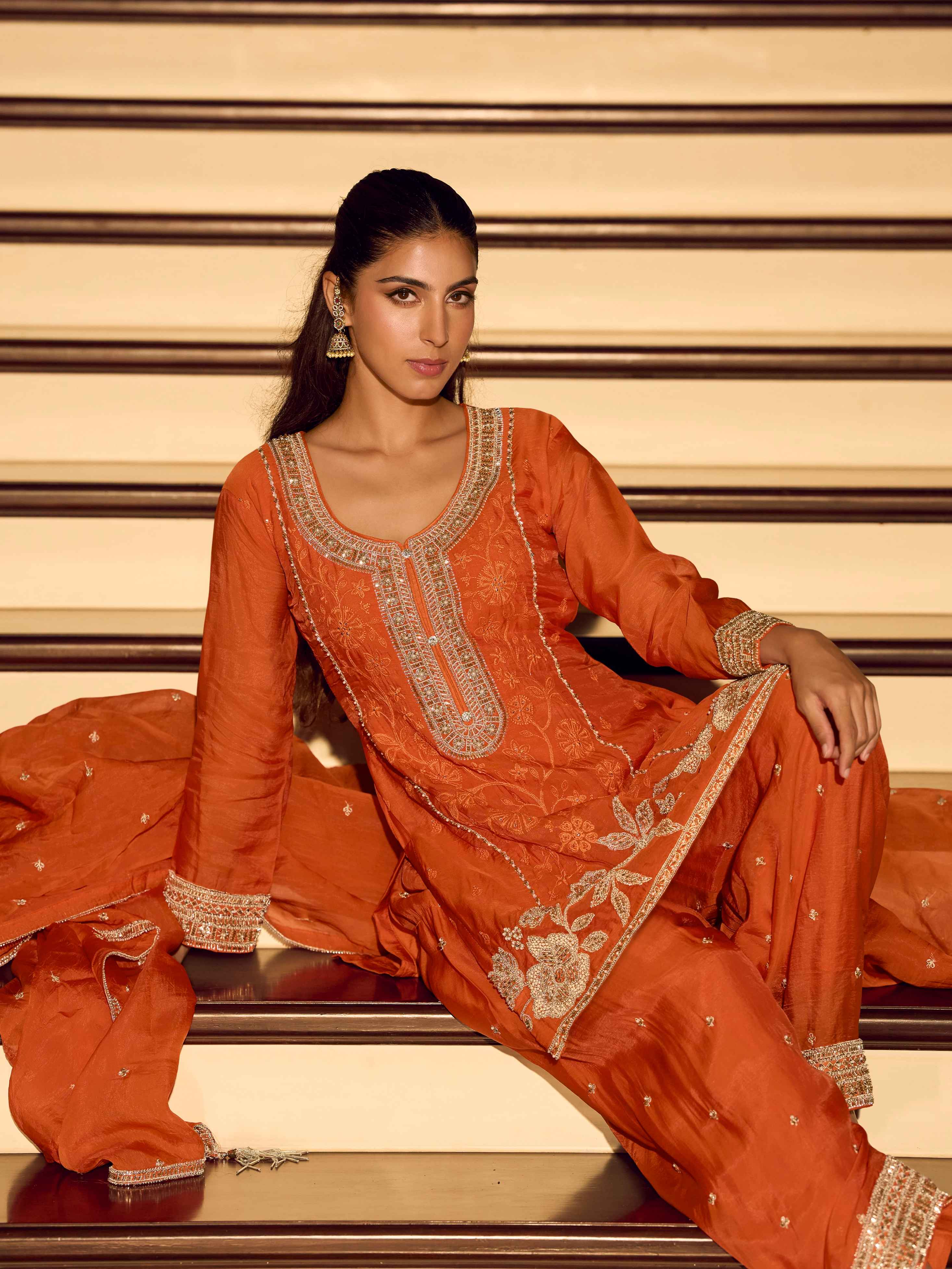 Rust Orange Chinon Silk Beads Embroidered Sharara Suit