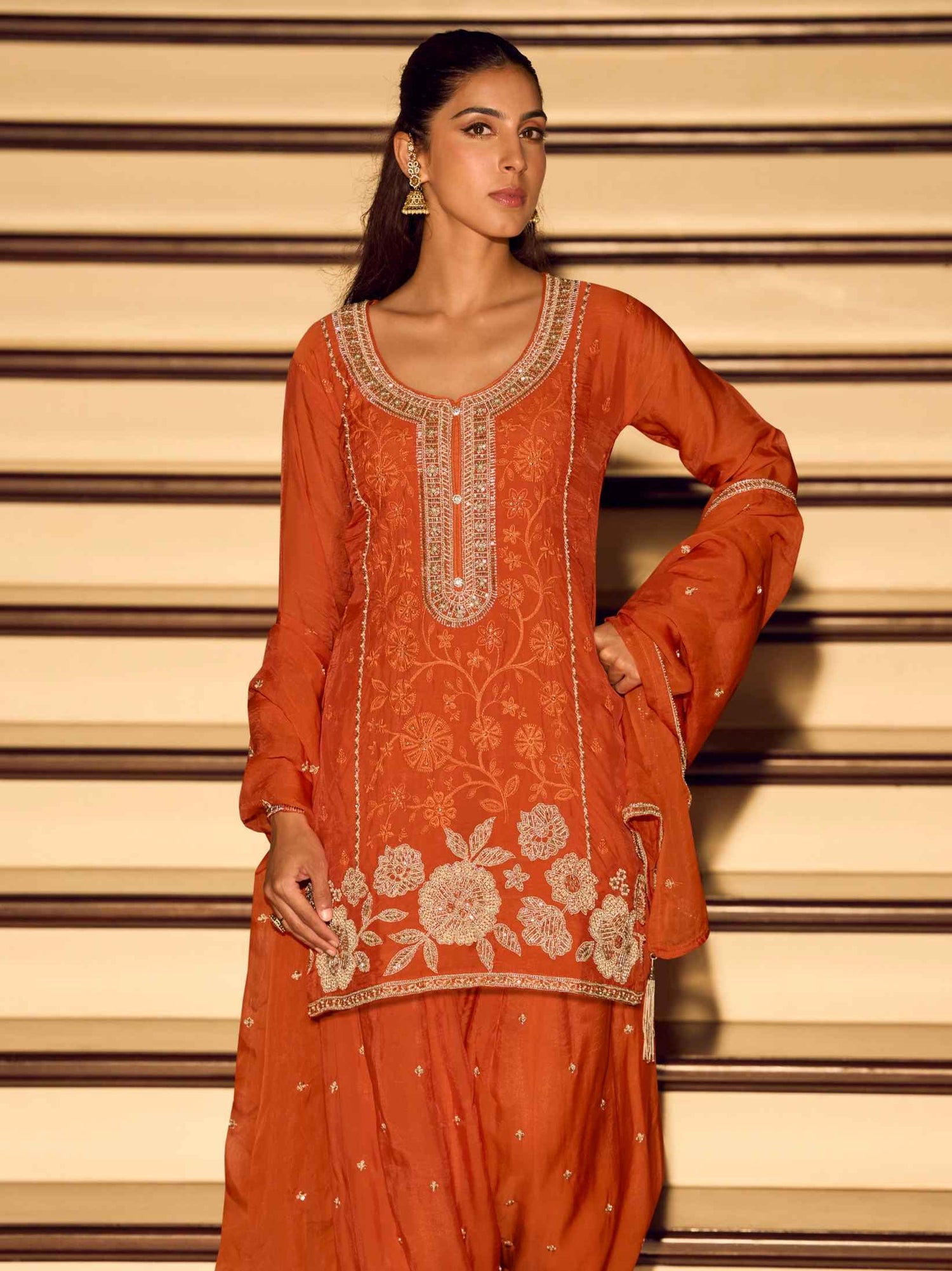 Rust Orange Chinon Silk Beads Embroidered Sharara Suit Sharara Suit Anant Tex Exports Pvt.Ltd..