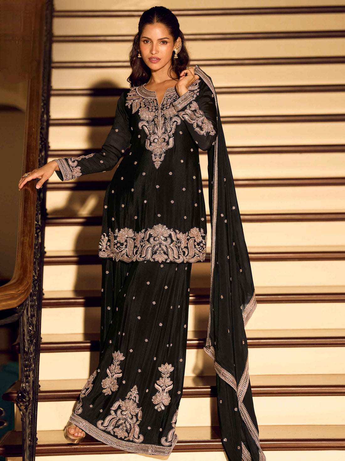 Black Chinon Silk Heavy Embroidered Sharara Suit with Dupatta Sharara Suit Anant Tex Exports Pvt.Ltd..