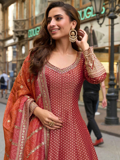 Wine Pure Viscose Jacquard Silk Embroidered Gown with Chinon Dupatta Gown Anant Tex Exports Pvt.Ltd..