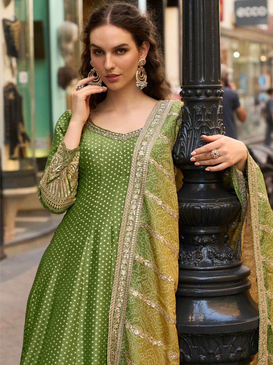Olive Green Heavy Jacquard Silk Gown with Digital Embroidered Dupatta Gown Anant Tex Exports Pvt.Ltd..