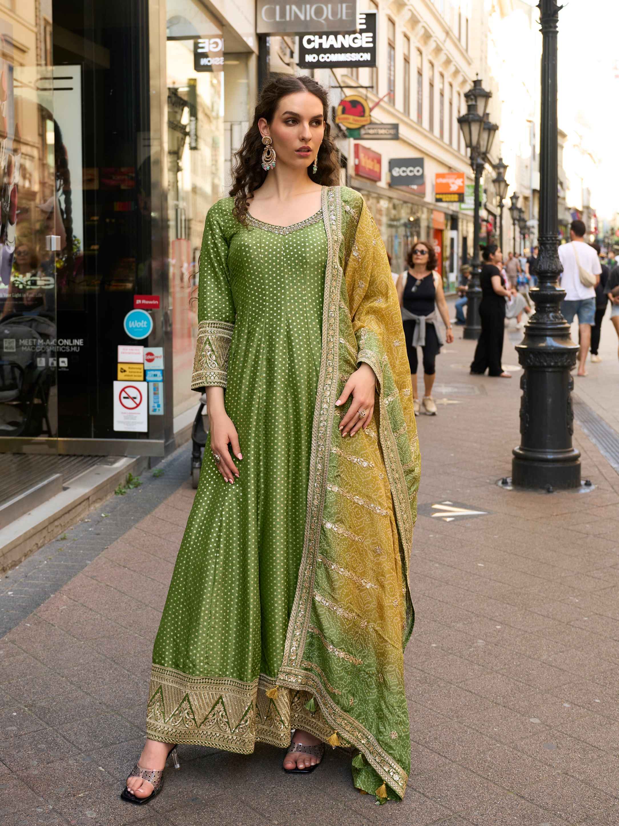 Olive Green Heavy Jacquard Silk Gown with Digital Embroidered Dupatta