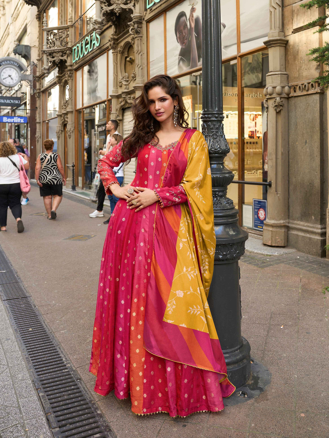 Magenta Pink Viscose Jacquard Silk Gown with Embroidered Chinon Dupatta Gown Anant Tex Exports Pvt.Ltd..