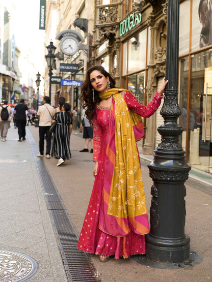 Magenta Pink Viscose Jacquard Silk Gown with Embroidered Chinon Dupatta Gown Anant Tex Exports Pvt.Ltd..
