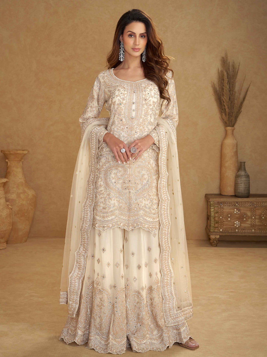 Ivory White Real Net Hand Embroidered Palazzo Suit with Dupatta Palazzo Suit Anant Tex Exports Pvt.Ltd..