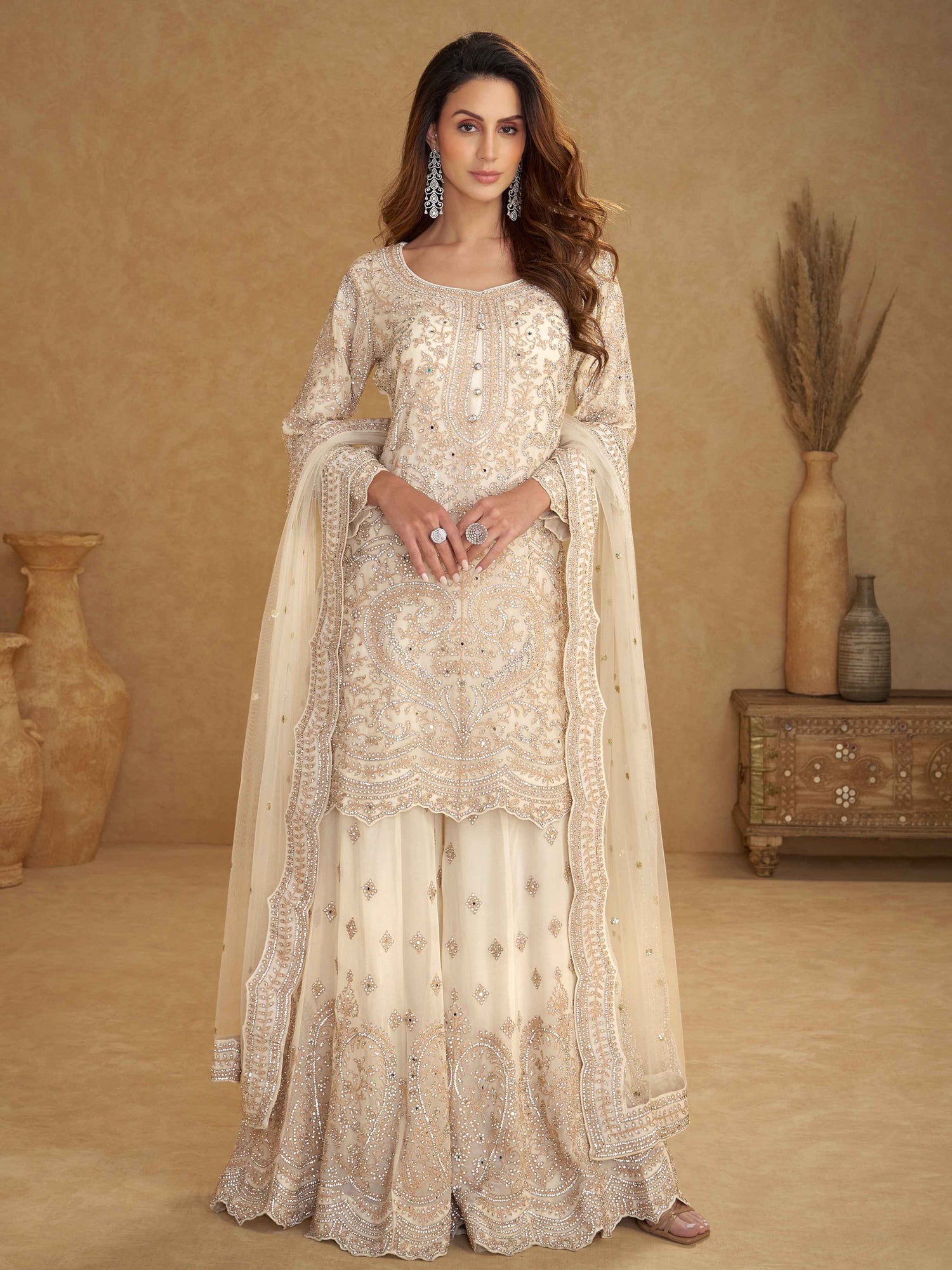 Ivory White Real Net Hand Embroidered Palazzo Suit with Dupatta Palazzo Suit Anant Tex Exports Pvt.Ltd..
