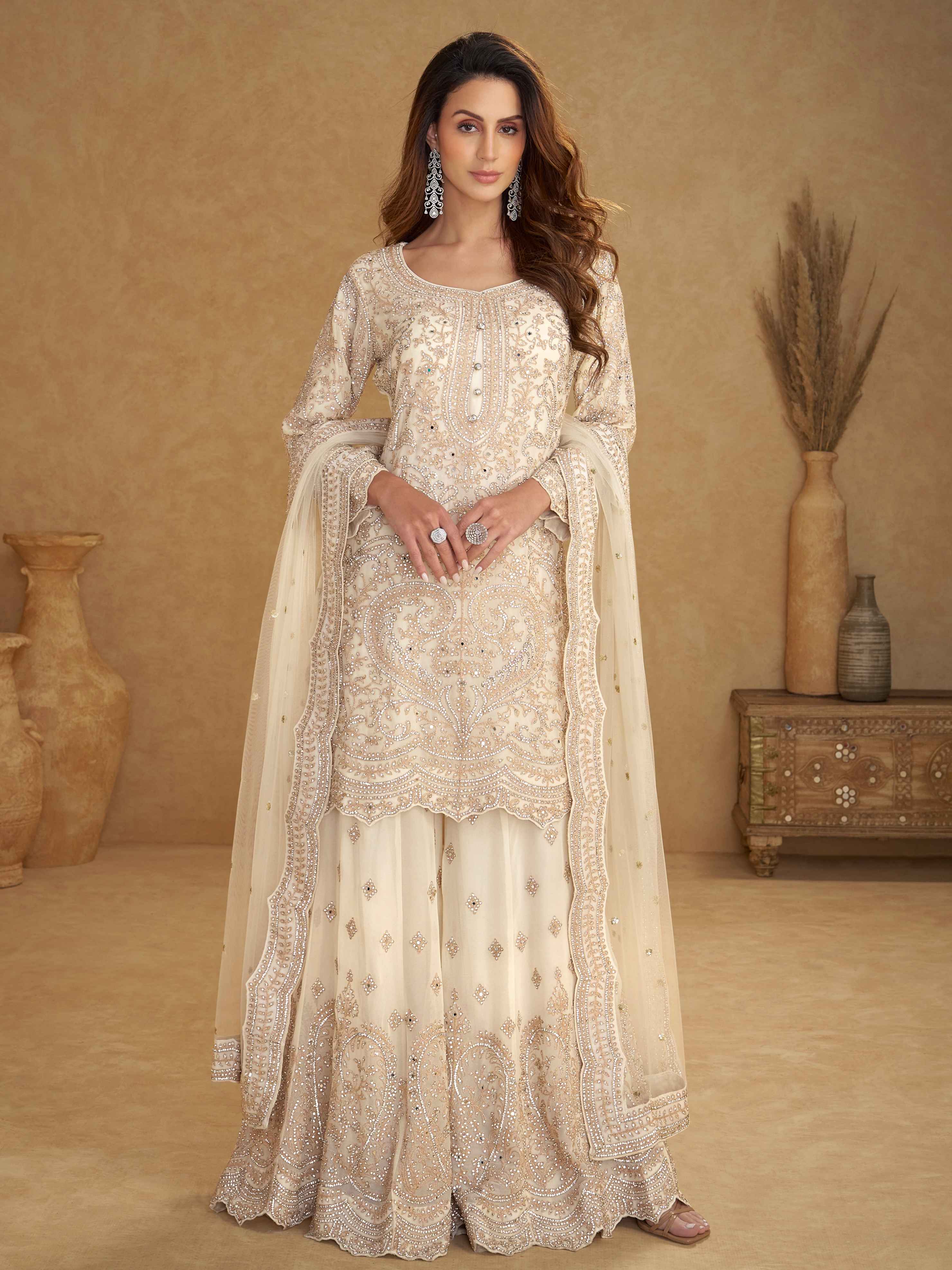 Ivory White Real Net Hand Embroidered Palazzo Suit with Dupatta