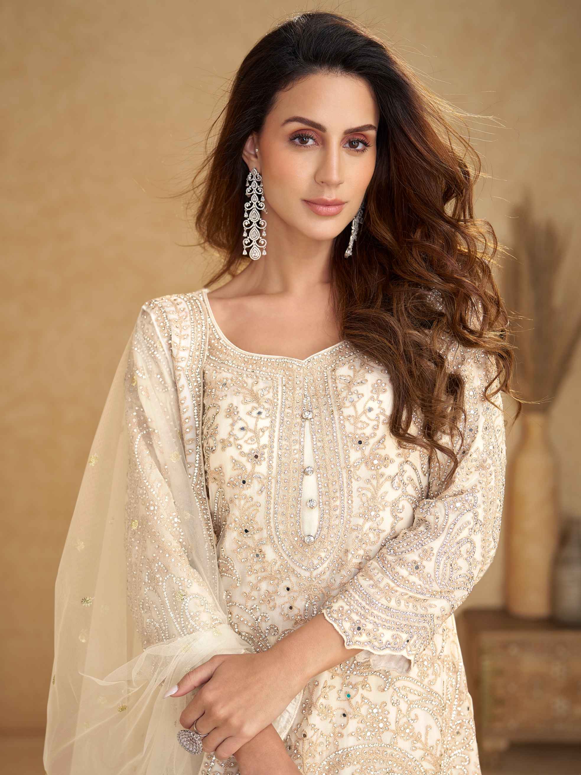 Ivory White Real Net Hand Embroidered Palazzo Suit with Dupatta Palazzo Suit Anant Tex Exports Pvt.Ltd..