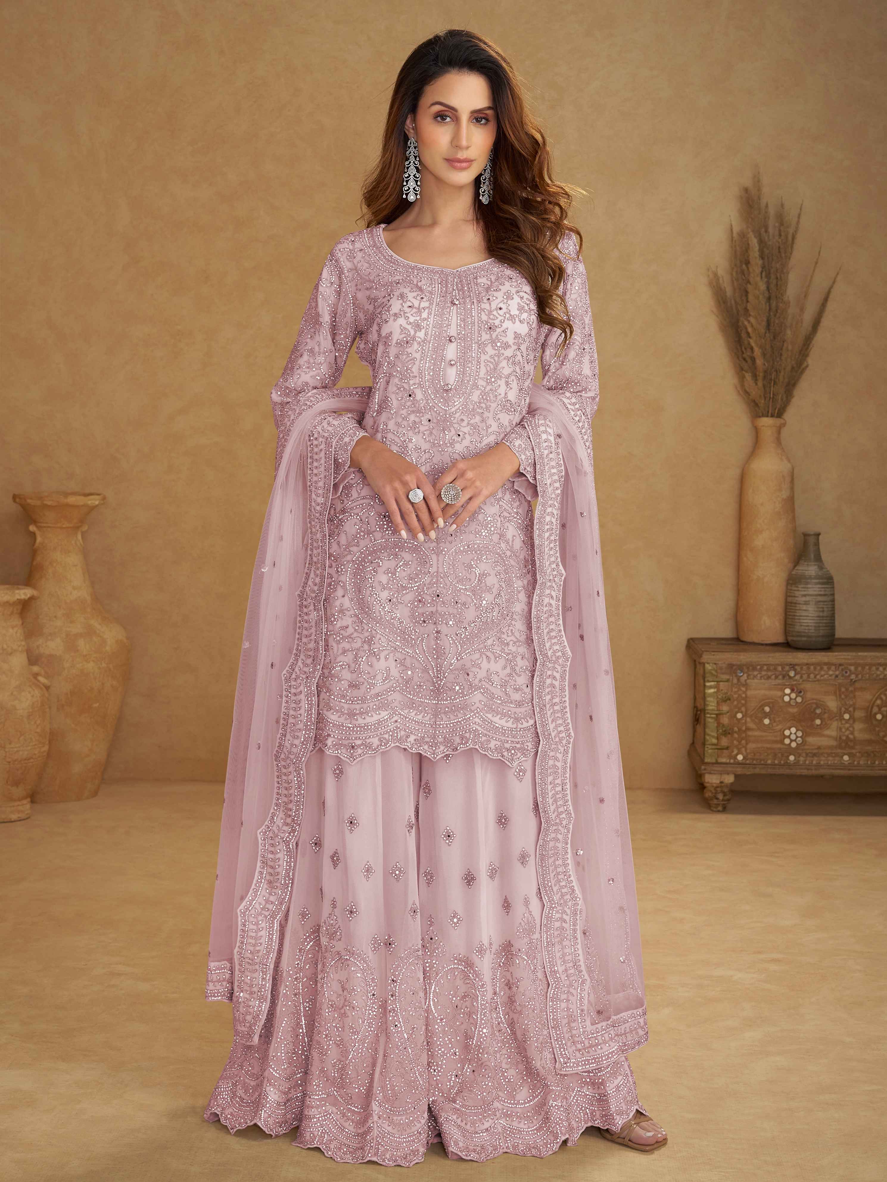 Blush Pink Real Net Handworked Palazzo Suit