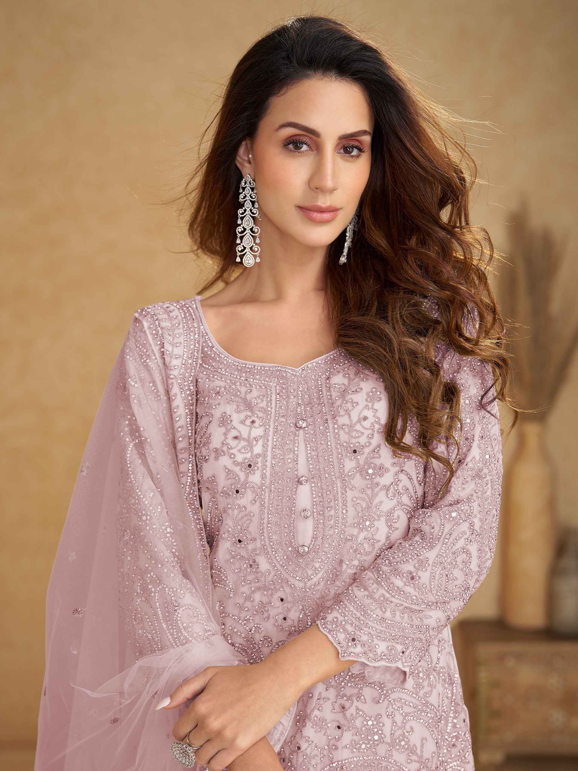 Blush Pink Real Net Handworked Palazzo Suit