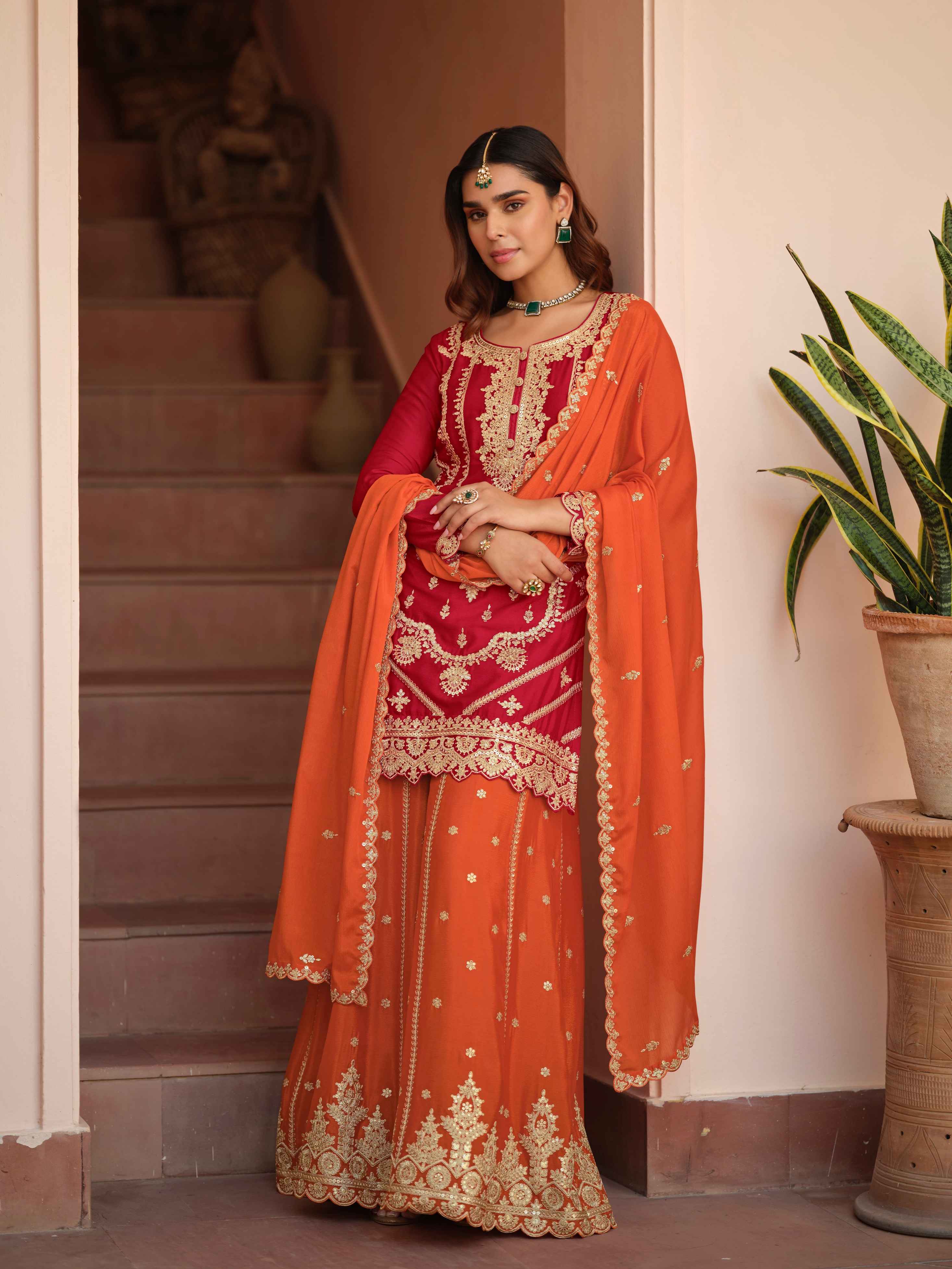 Rust Orange Premium Chinon Silk Embroidered Palazzo Suit 