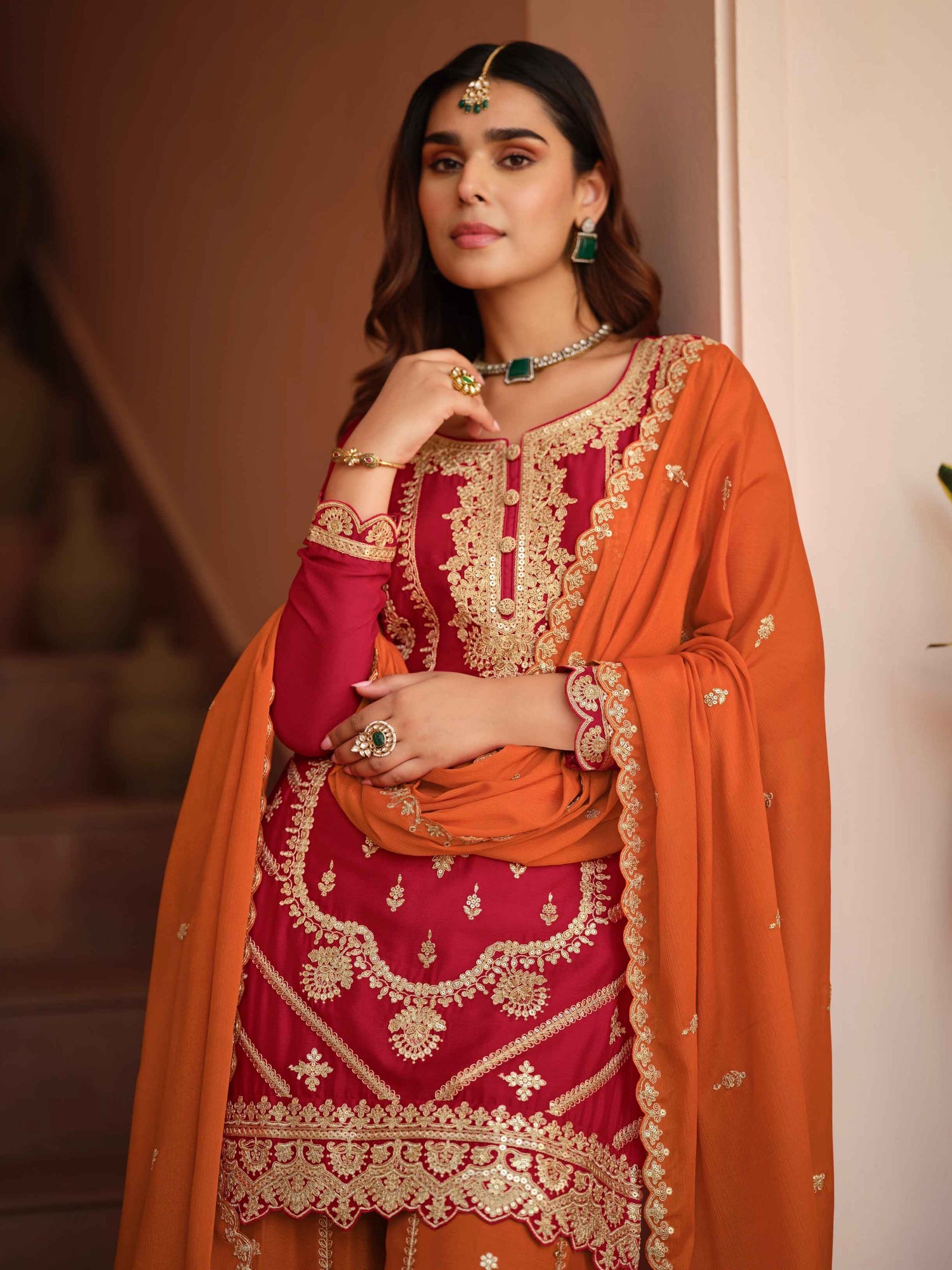 Rust Orange Premium Chinon Silk Embroidered Palazzo Suit 