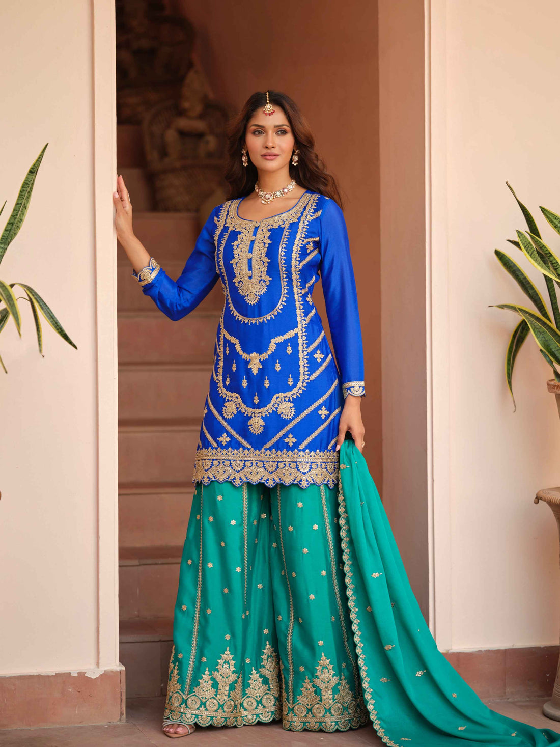 Royal Blue Chinon Silk Embroidered Kurti Palazzo Set with Dupatta Palazzo Suit Anant Tex Exports Pvt.Ltd..