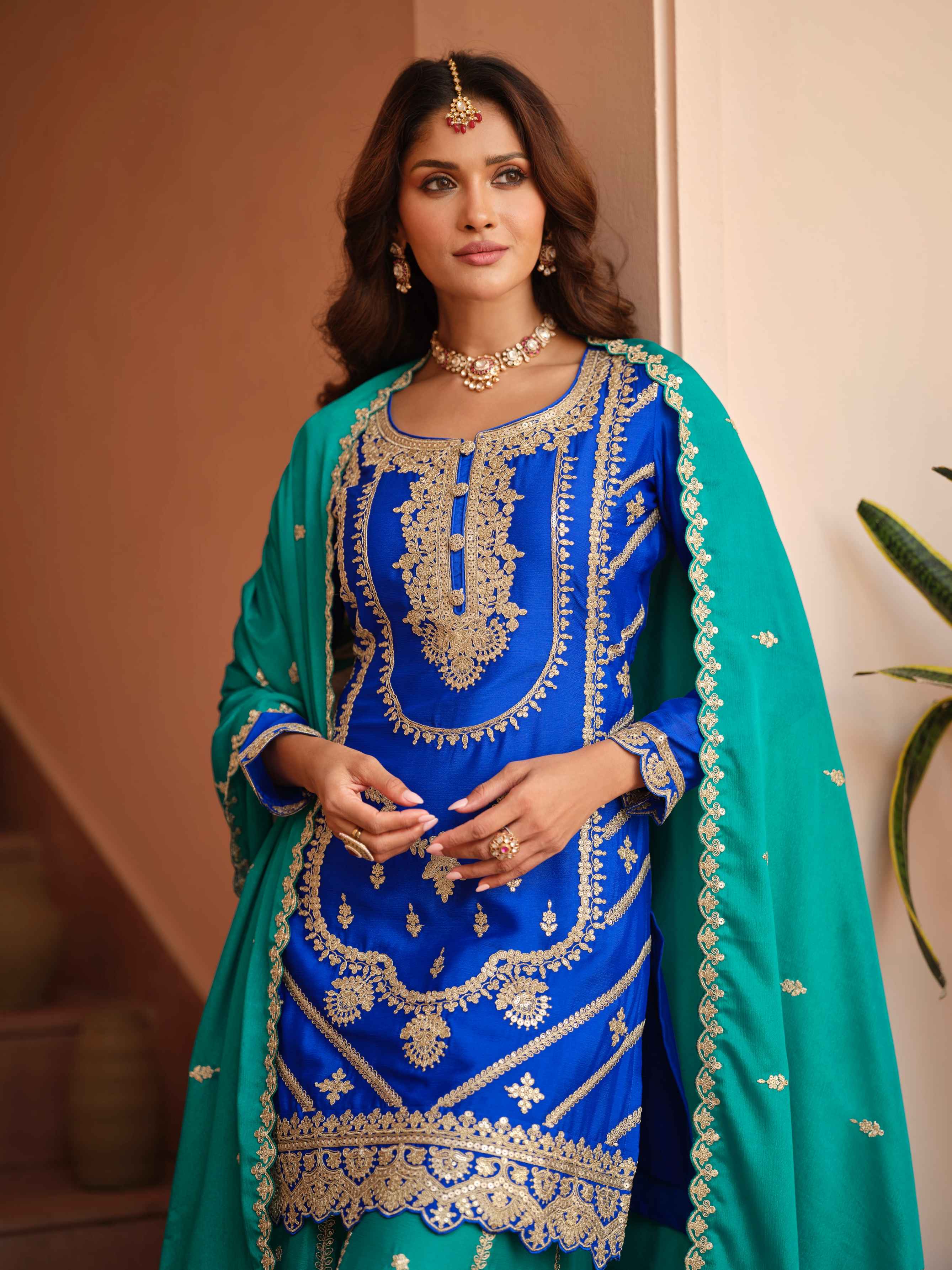 Royal Blue Chinon Silk Embroidered Kurti Palazzo Set with Dupatta Palazzo Suit Anant Tex Exports Pvt.Ltd..