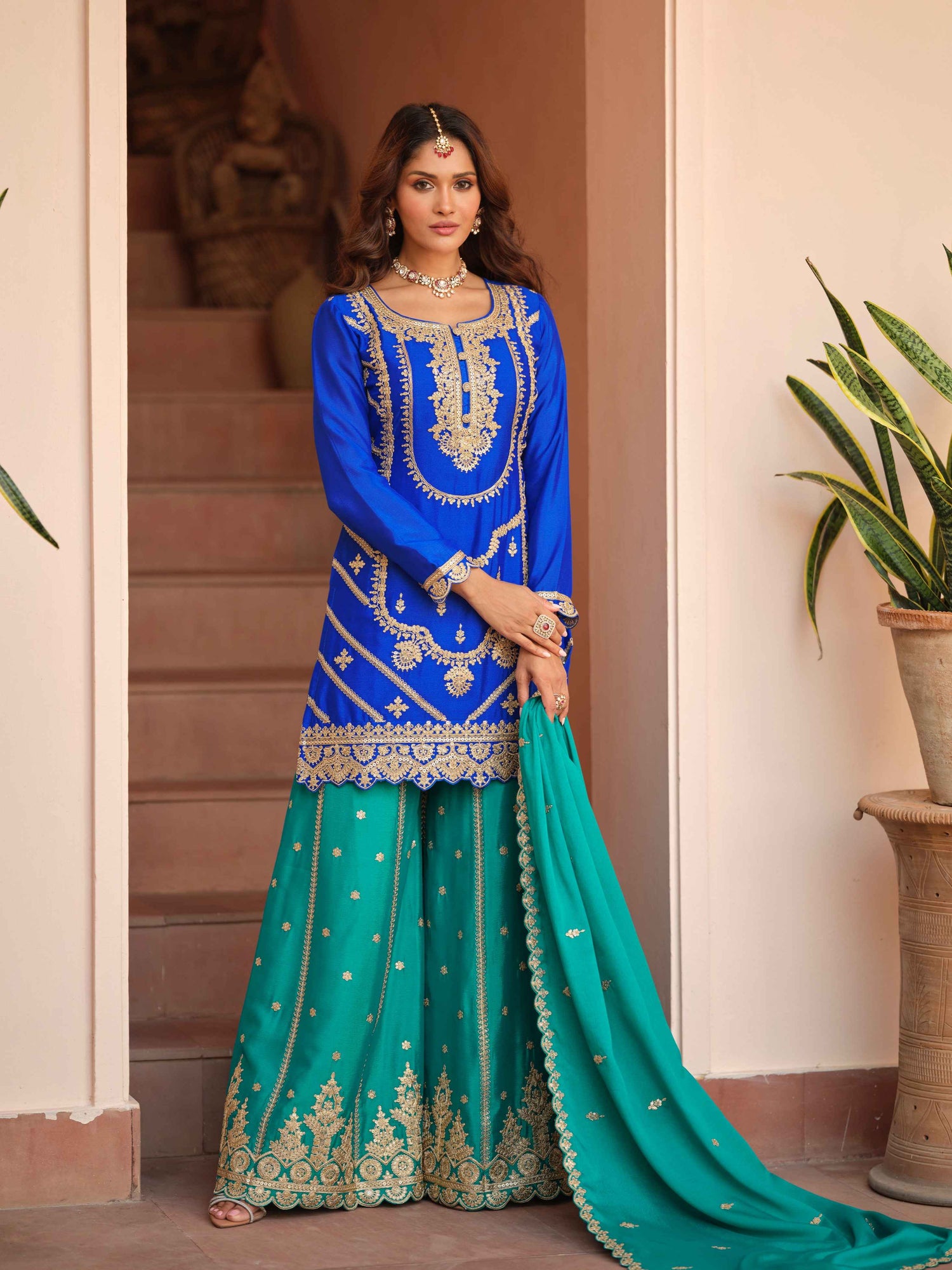 Royal Blue Chinon Silk Embroidered Kurti Palazzo Set with Dupatta Palazzo Suit Anant Tex Exports Pvt.Ltd..
