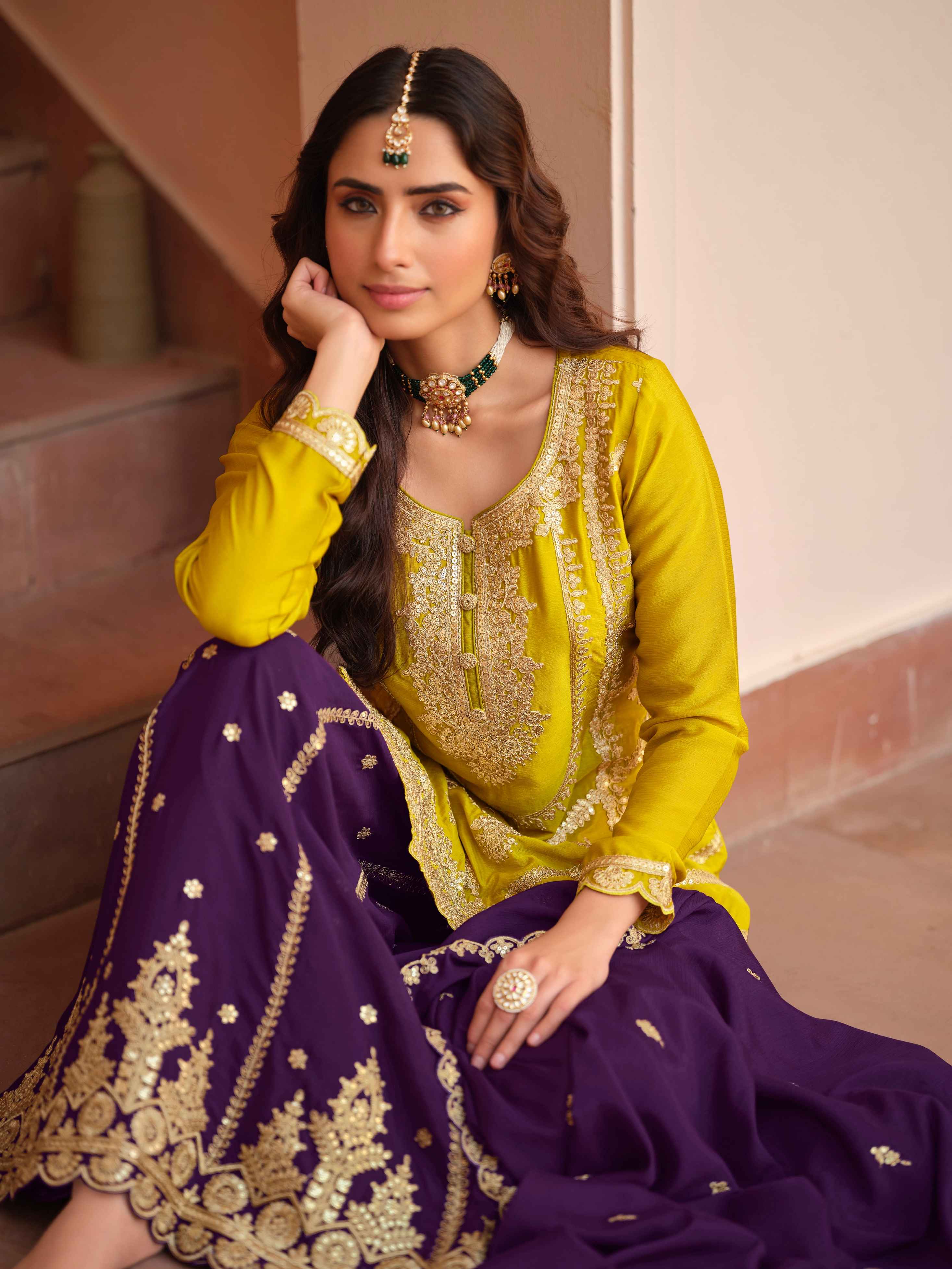 Mustard Yellow &amp; Purple Chinon Silk Embroidered Palazzo Suit Set Palazzo Suit Anant Tex Exports Pvt.Ltd..