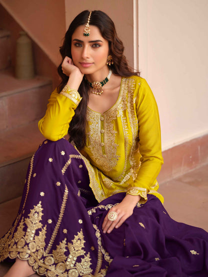 Mustard Yellow &amp; Purple Chinon Silk Embroidered Palazzo Suit Set Palazzo Suit Anant Tex Exports Pvt.Ltd..