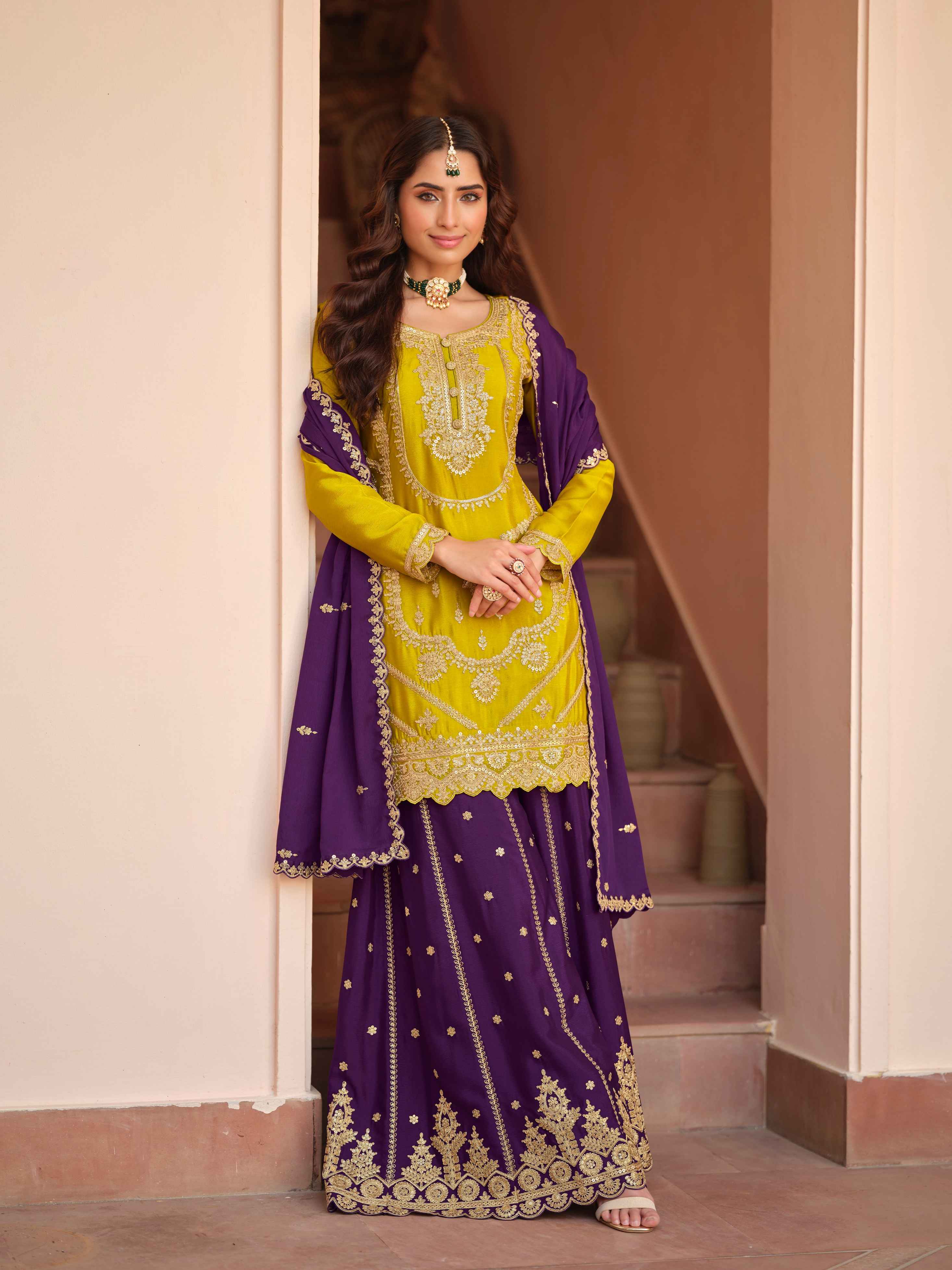 Mustard Yellow &amp; Purple Chinon Silk Embroidered Palazzo Suit Set Palazzo Suit Anant Tex Exports Pvt.Ltd..