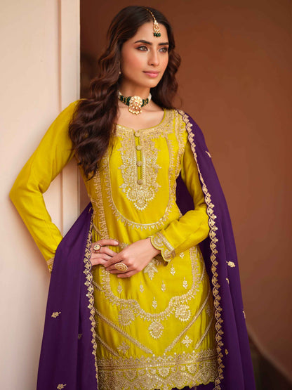Mustard Yellow &amp; Purple Chinon Silk Embroidered Palazzo Suit Set Palazzo Suit Anant Tex Exports Pvt.Ltd..