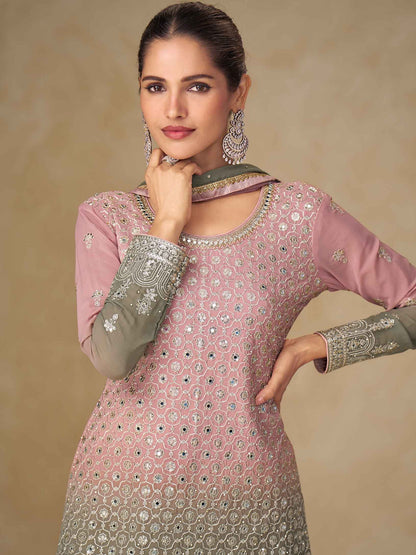 Dusty Pink &amp; Grey Embroidered Georgette Palazzo Suit with Dupatta Palazzo Suit Anant Tex Exports Pvt.Ltd..