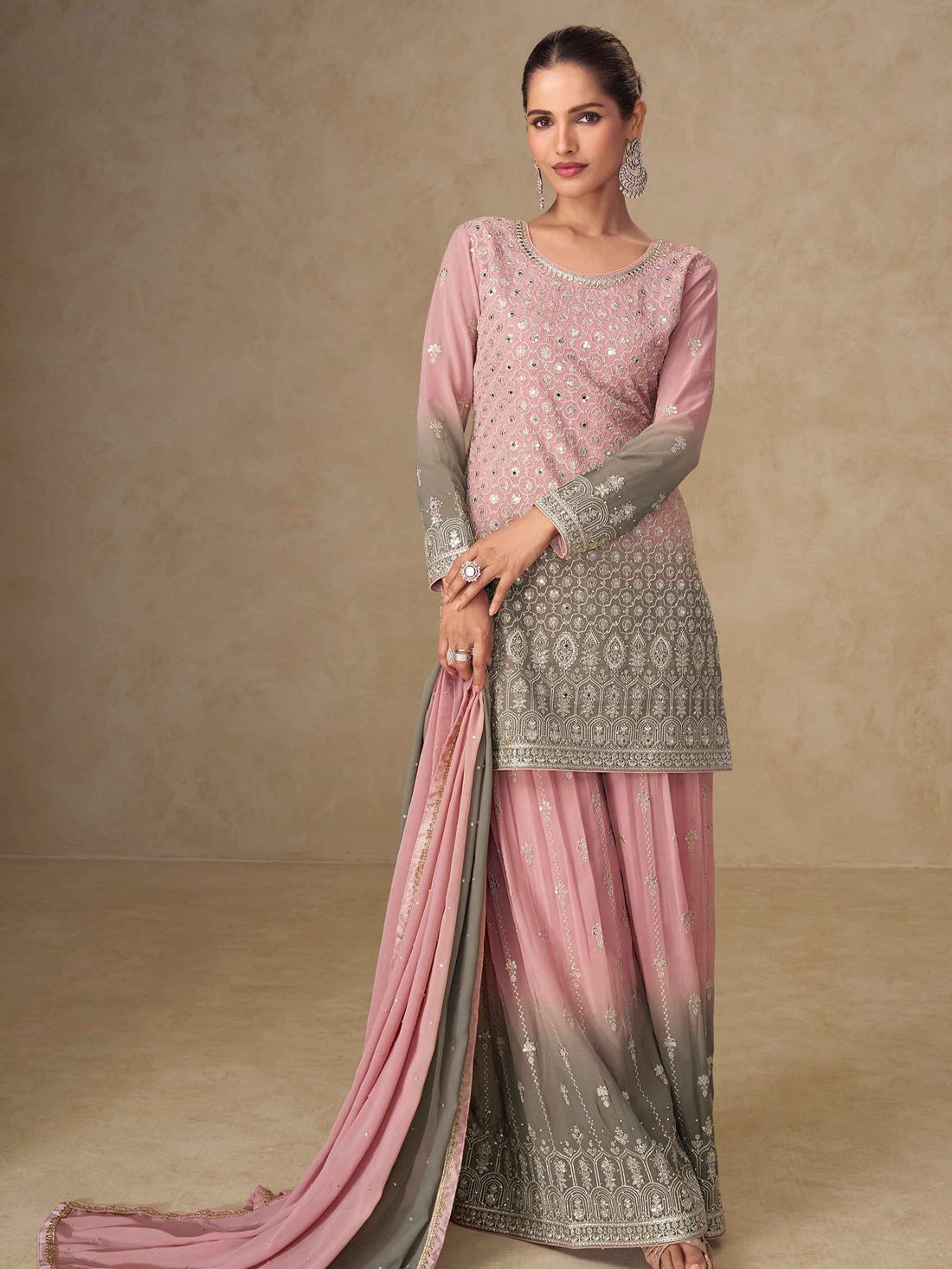 Dusty Pink &amp; Grey Embroidered Georgette Palazzo Suit with Dupatta Palazzo Suit Anant Tex Exports Pvt.Ltd..