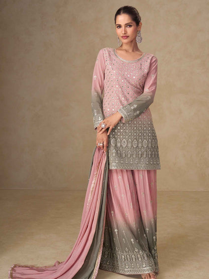 Dusty Pink &amp; Grey Embroidered Georgette Palazzo Suit with Dupatta Palazzo Suit Anant Tex Exports Pvt.Ltd..