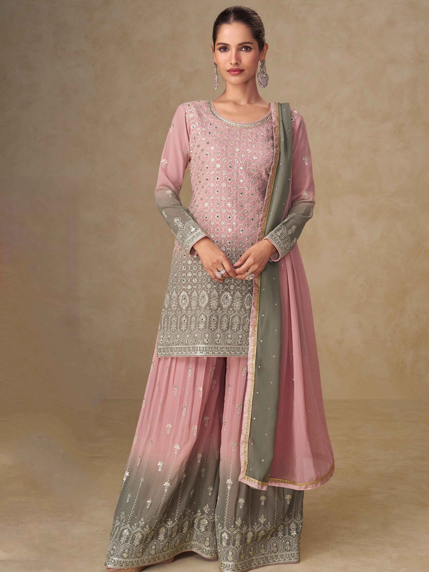 Dusty Pink &amp; Grey Embroidered Georgette Palazzo Suit with Dupatta Palazzo Suit Anant Tex Exports Pvt.Ltd..