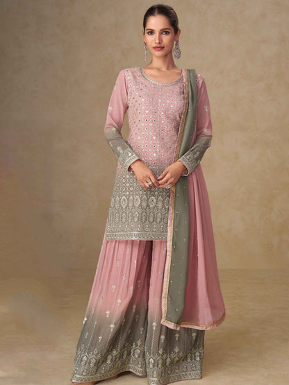 Dusty Pink &amp; Grey Embroidered Georgette Palazzo Suit with Dupatta Palazzo Suit Anant Tex Exports Pvt.Ltd..
