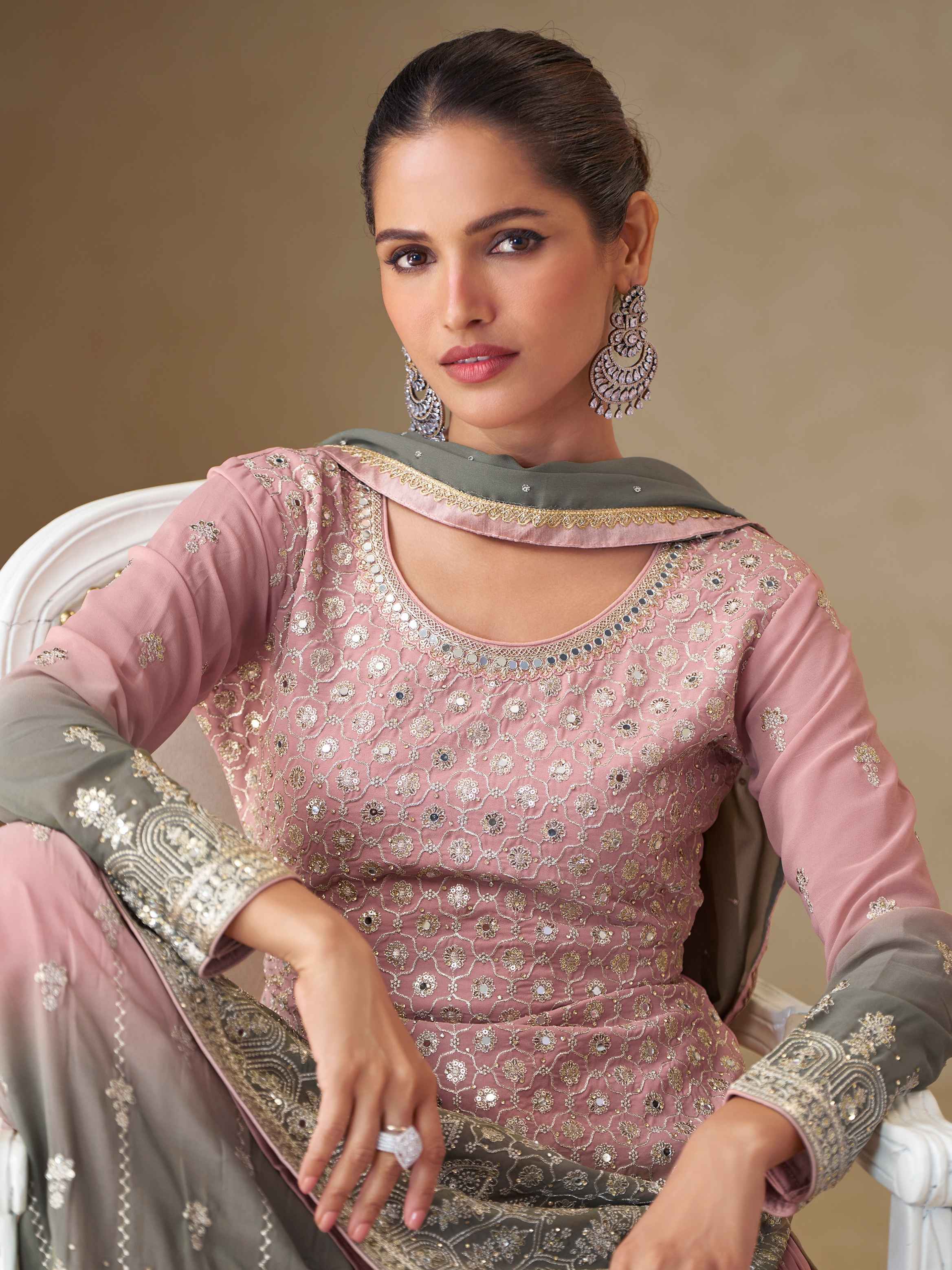 Dusty Pink &amp; Grey Embroidered Georgette Palazzo Suit with Dupatta Palazzo Suit Anant Tex Exports Pvt.Ltd..