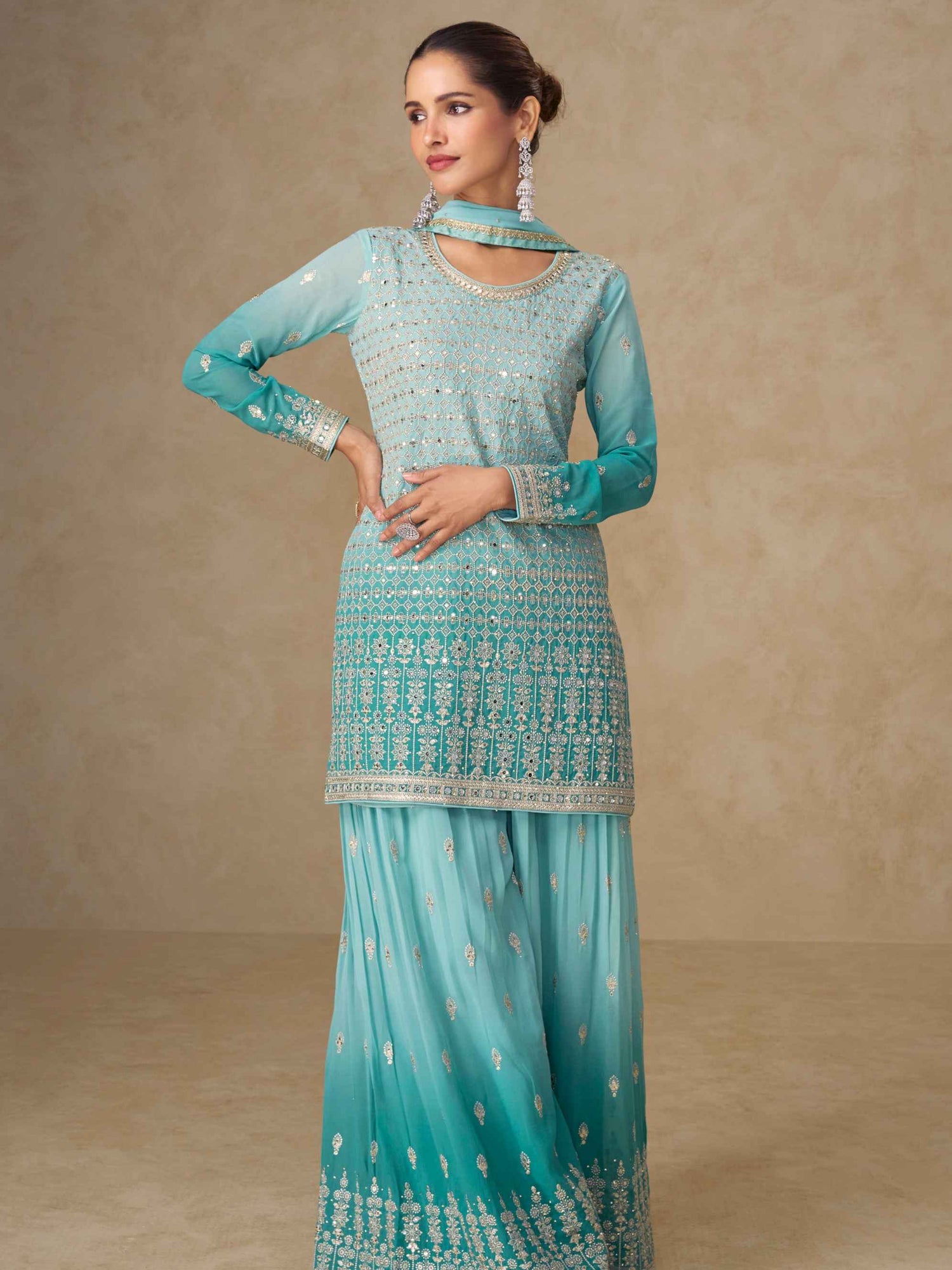 Aqua Blue Embroidered Georgette Palazzo Suit Palazzo Suit Anant Tex Exports Pvt.Ltd..