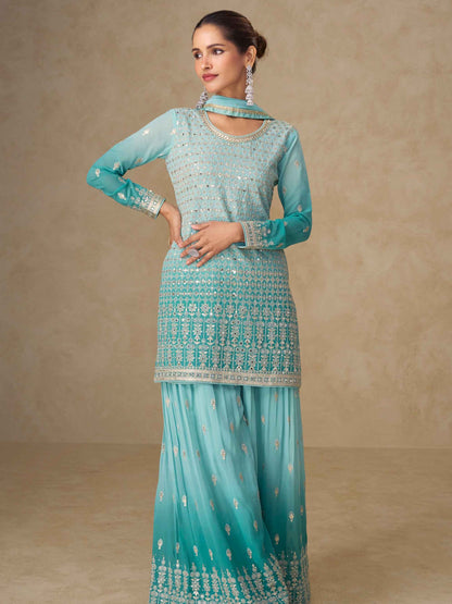 Aqua Blue Embroidered Georgette Palazzo Suit Palazzo Suit Anant Tex Exports Pvt.Ltd..