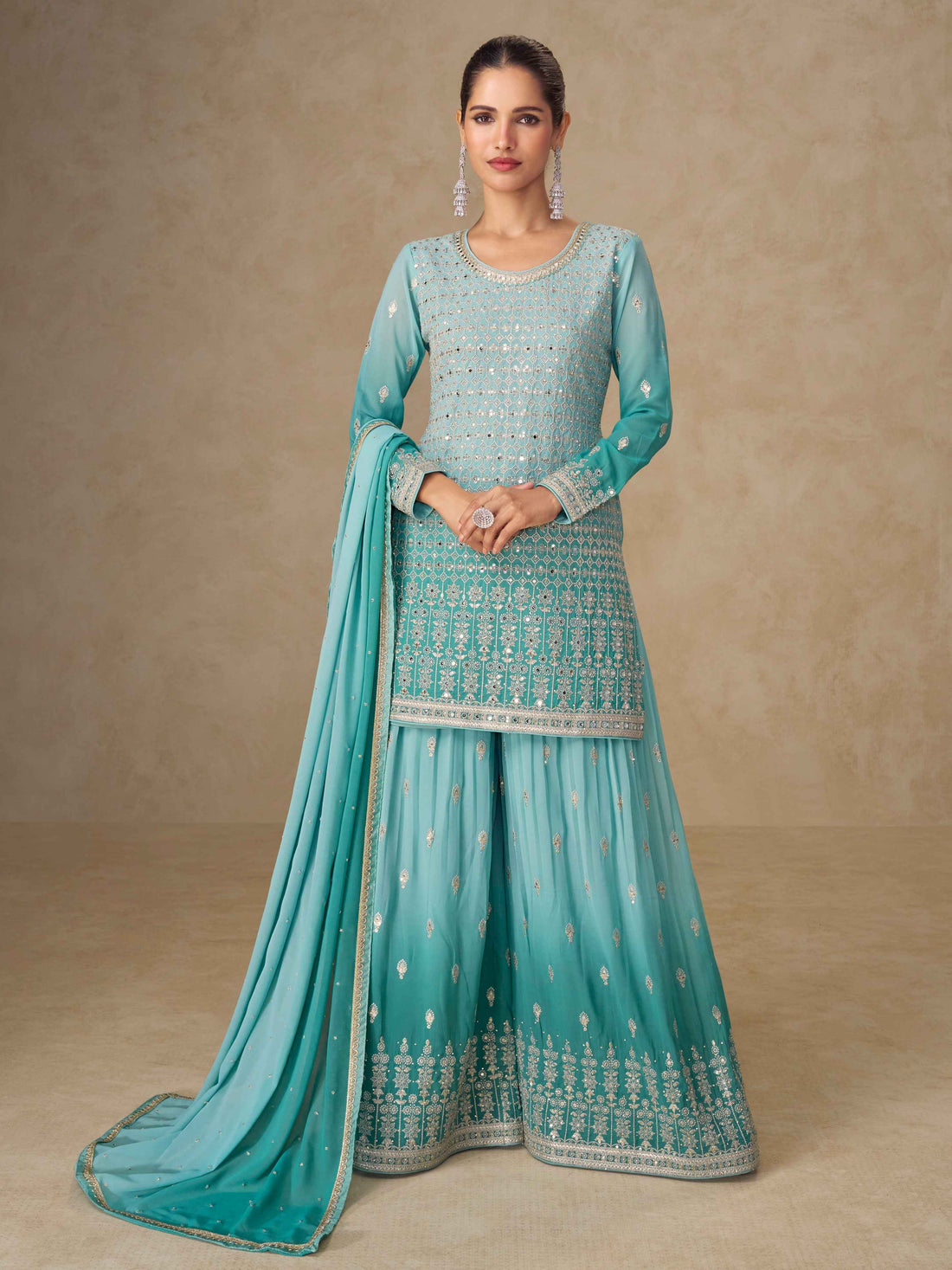 Aqua Blue Embroidered Georgette Palazzo Suit Palazzo Suit Anant Tex Exports Pvt.Ltd..