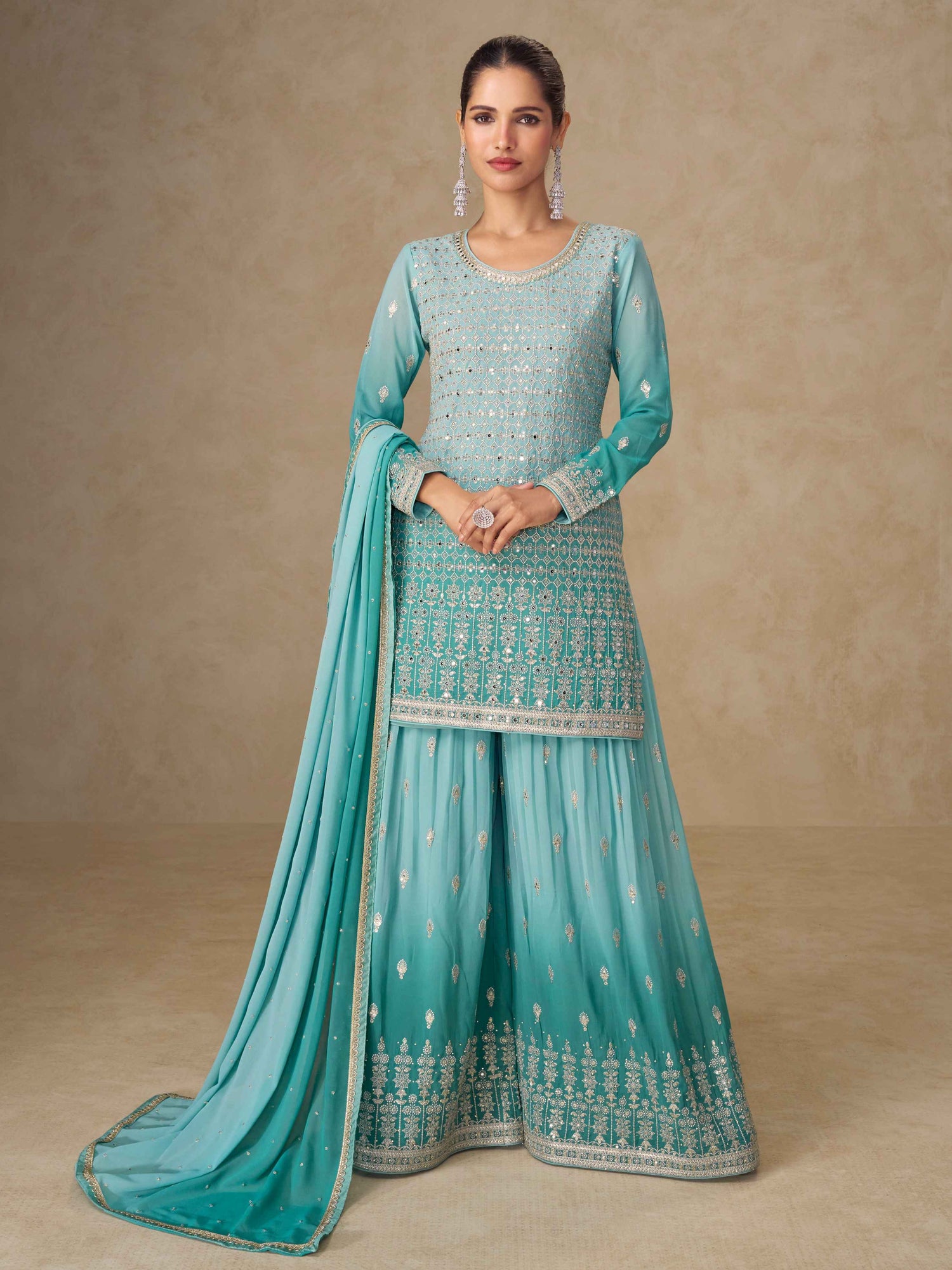 Aqua Blue Embroidered Georgette Palazzo Suit Palazzo Suit Anant Tex Exports Pvt.Ltd..