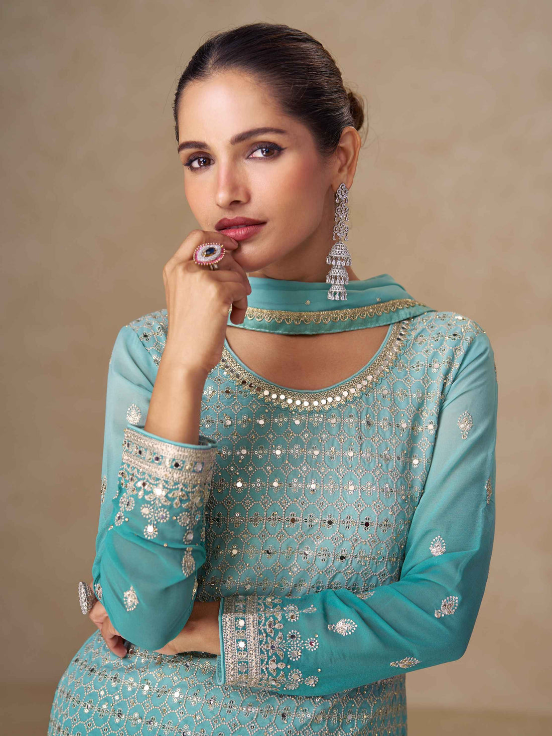 Aqua Blue Embroidered Georgette Palazzo Suit Palazzo Suit Anant Tex Exports Pvt.Ltd..