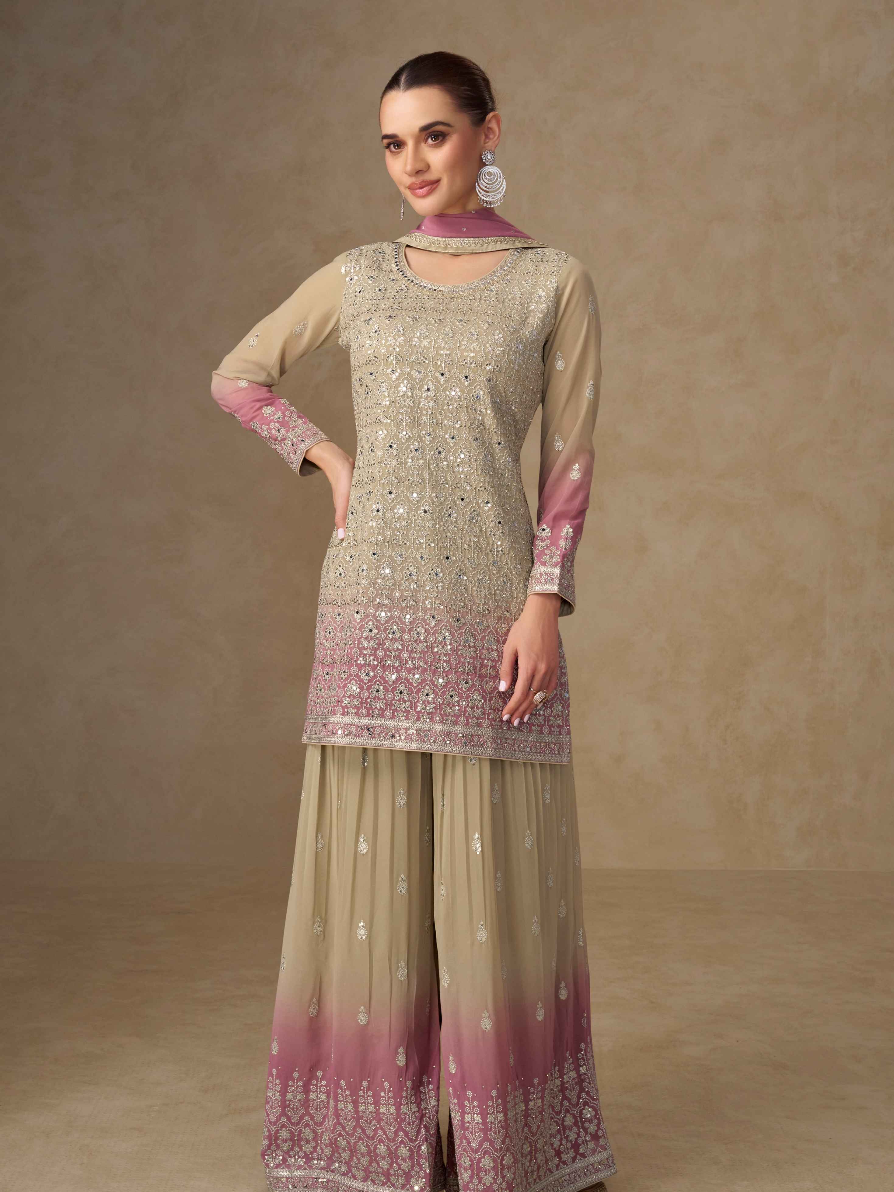 Beige &amp; Mauve Embroidered Georgette Palazzo Suit with Dupatta Palazzo Suit Anant Tex Exports Pvt.Ltd..