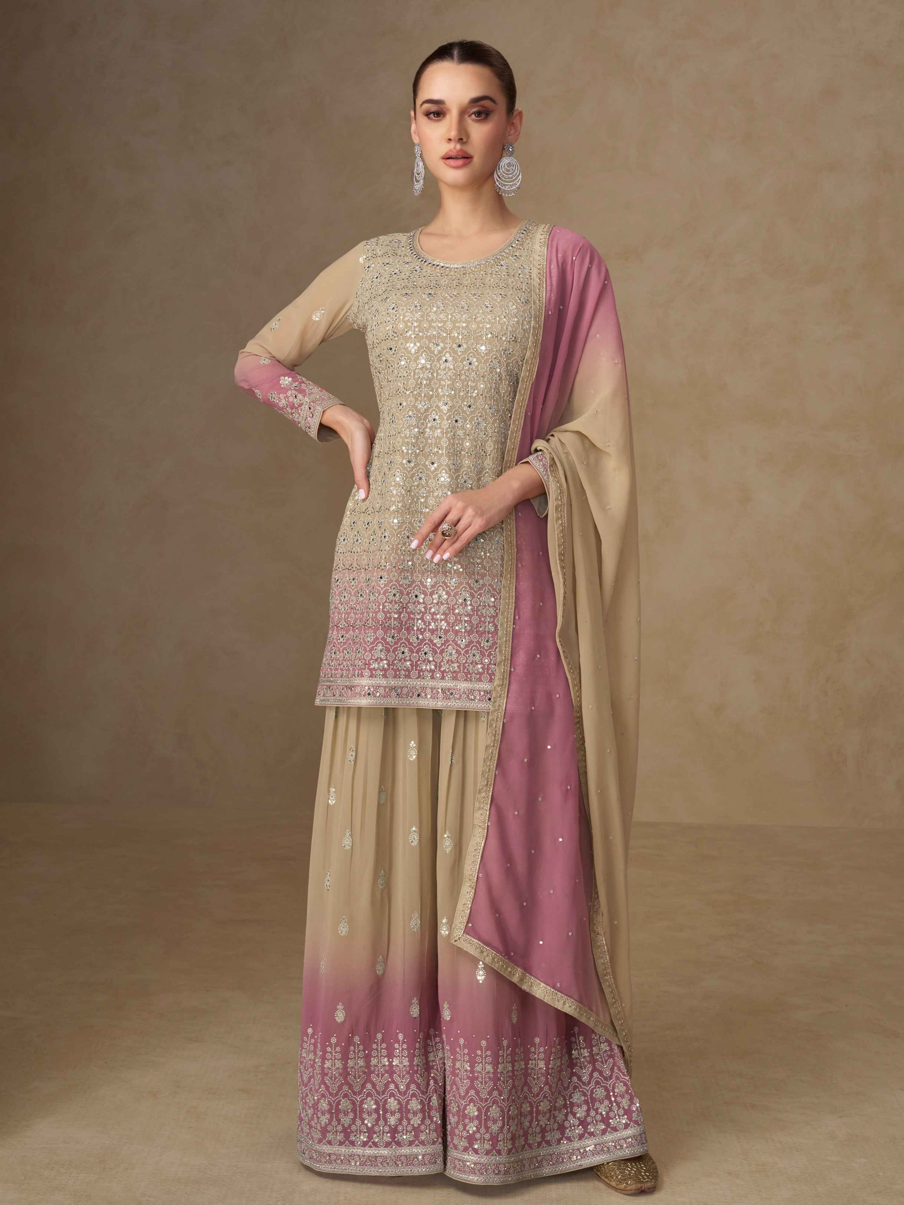 Beige &amp; Mauve Embroidered Georgette Palazzo Suit with Dupatta Palazzo Suit Anant Tex Exports Pvt.Ltd..