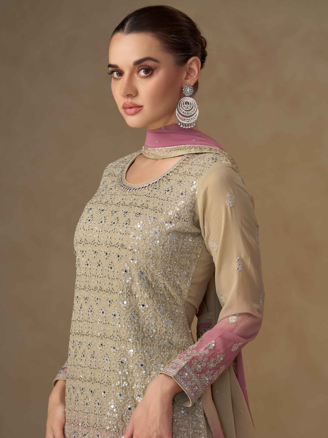 Beige &amp; Mauve Embroidered Georgette Palazzo Suit with Dupatta Palazzo Suit Anant Tex Exports Pvt.Ltd..