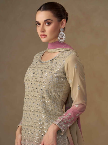 Beige &amp; Mauve Embroidered Georgette Palazzo Suit with Dupatta Palazzo Suit Anant Tex Exports Pvt.Ltd..