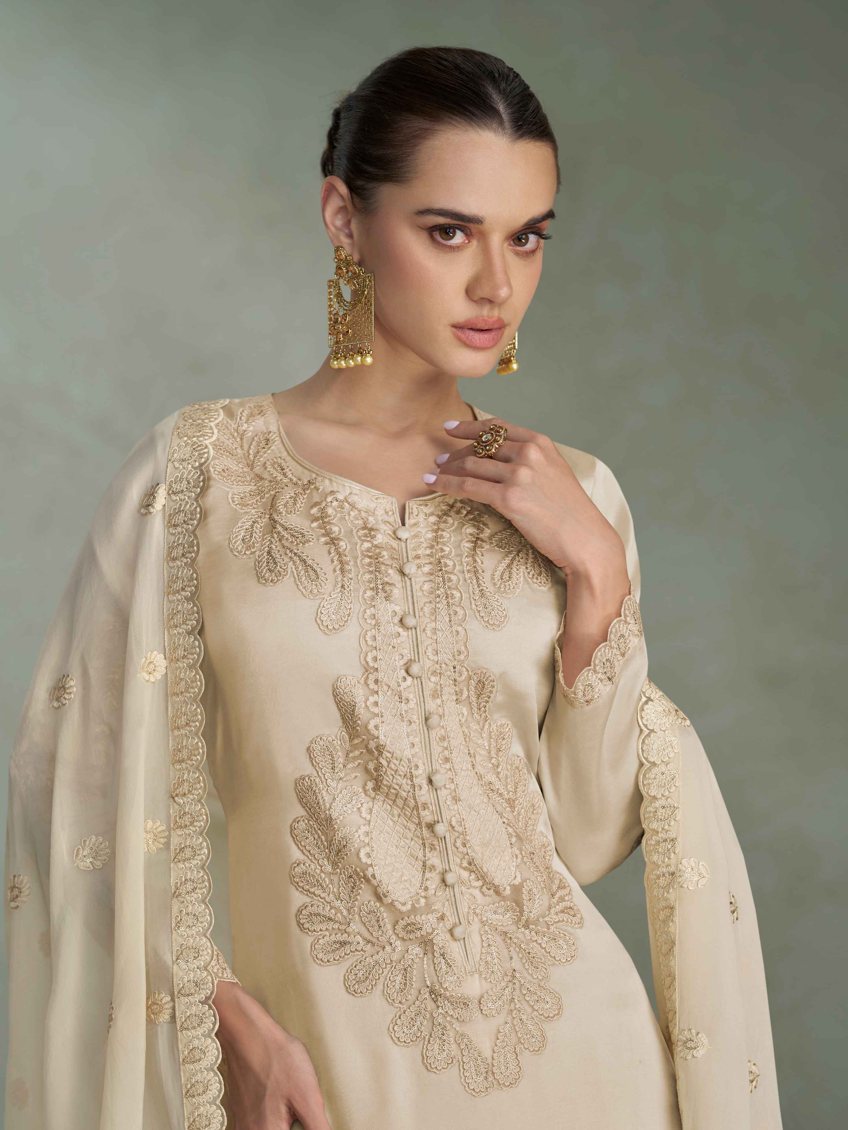 Cream Premium Chinon Silk Embroidered Palazzo Suit with Dupatta Palazzo Suit Anant Tex Exports Pvt.Ltd..