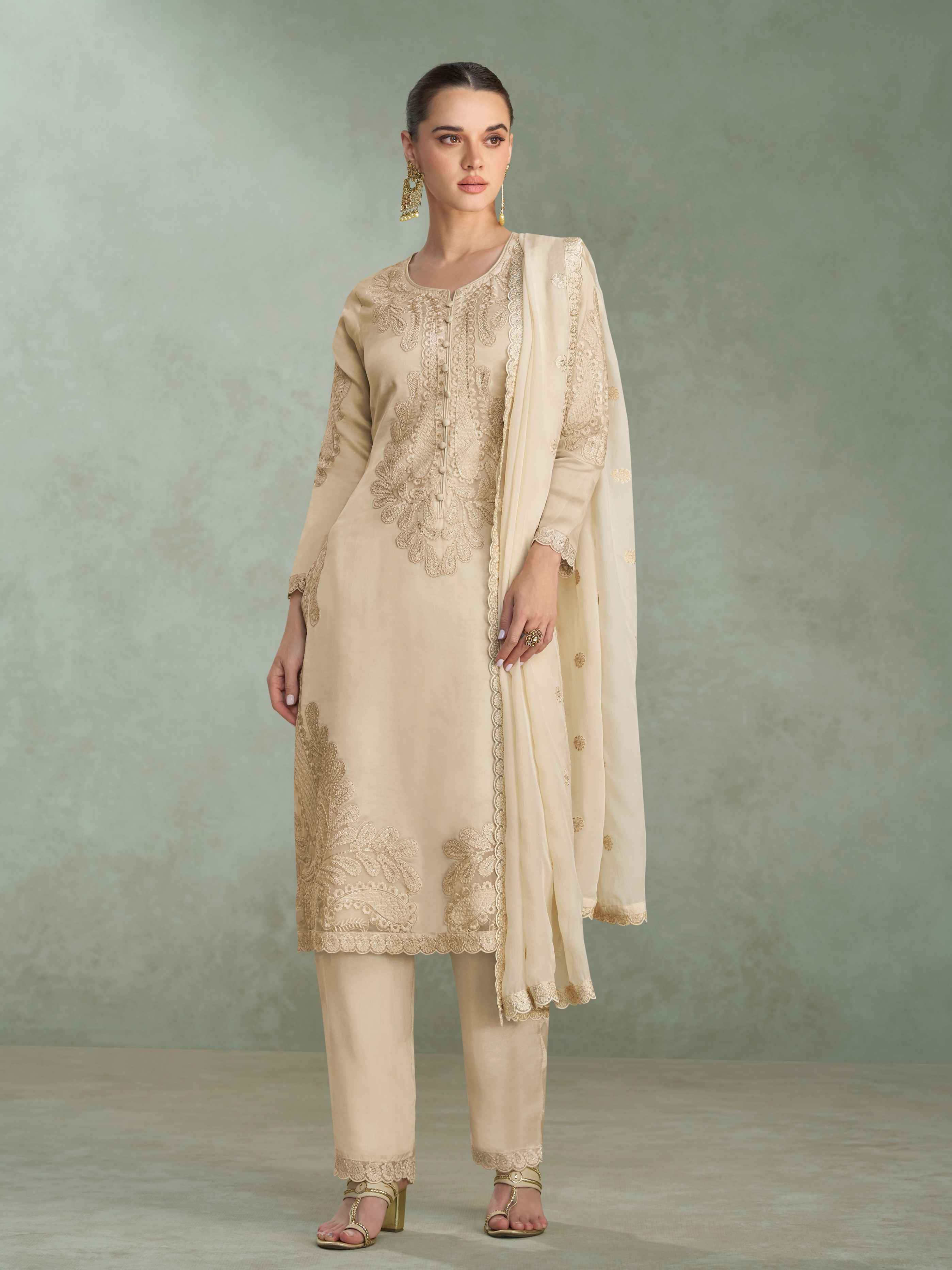 Cream Premium Chinon Silk Embroidered Palazzo Suit with Dupatta Palazzo Suit Anant Tex Exports Pvt.Ltd..