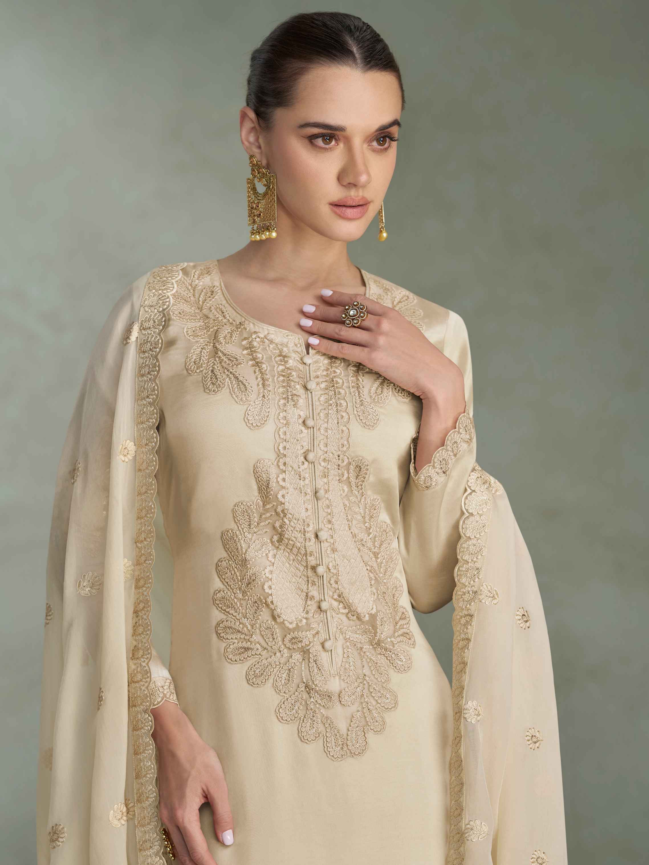 Cream Premium Chinon Silk Embroidered Palazzo Suit with Dupatta Palazzo Suit Anant Tex Exports Pvt.Ltd..