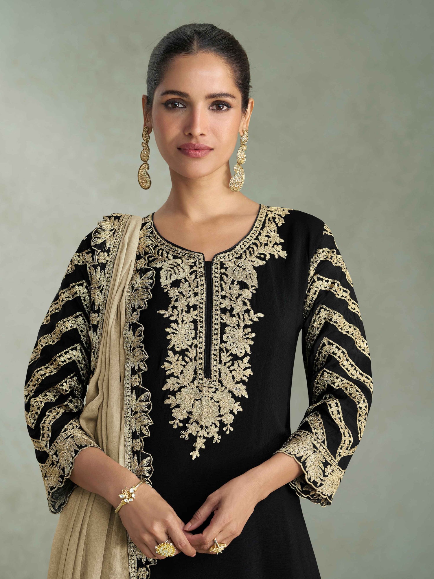 Black Premium Chinon Silk Heavy Embroidered Palazzo Suit with Dupatta Palazzo Suit Anant Tex Exports Pvt.Ltd..