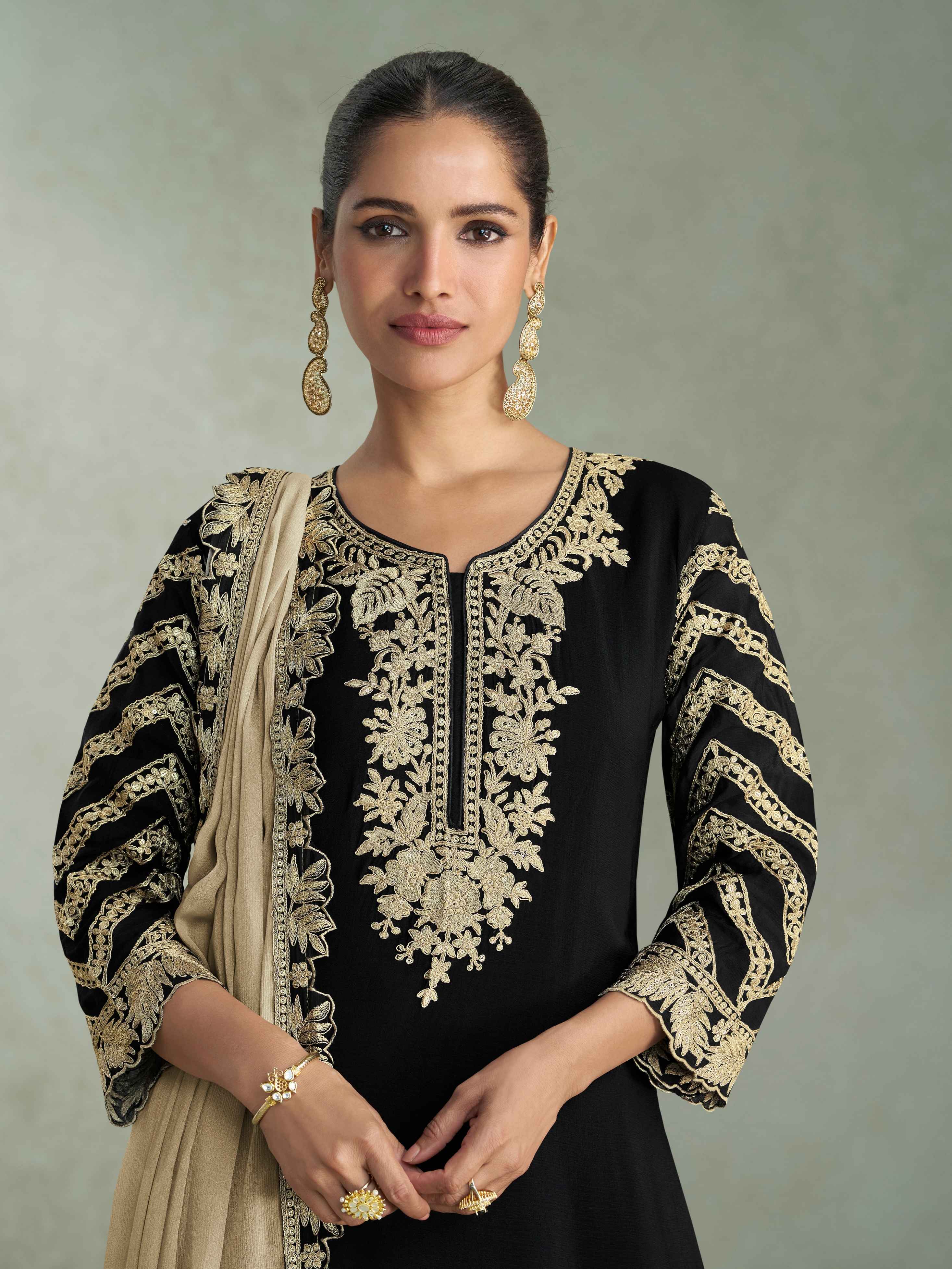 Black Premium Chinon Silk Heavy Embroidered Palazzo Suit with Dupatta Palazzo Suit Anant Tex Exports Pvt.Ltd..