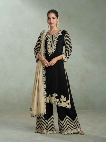 Black Premium Chinon Silk Heavy Embroidered Palazzo Suit with Dupatta Palazzo Suit Anant Tex Exports Pvt.Ltd..