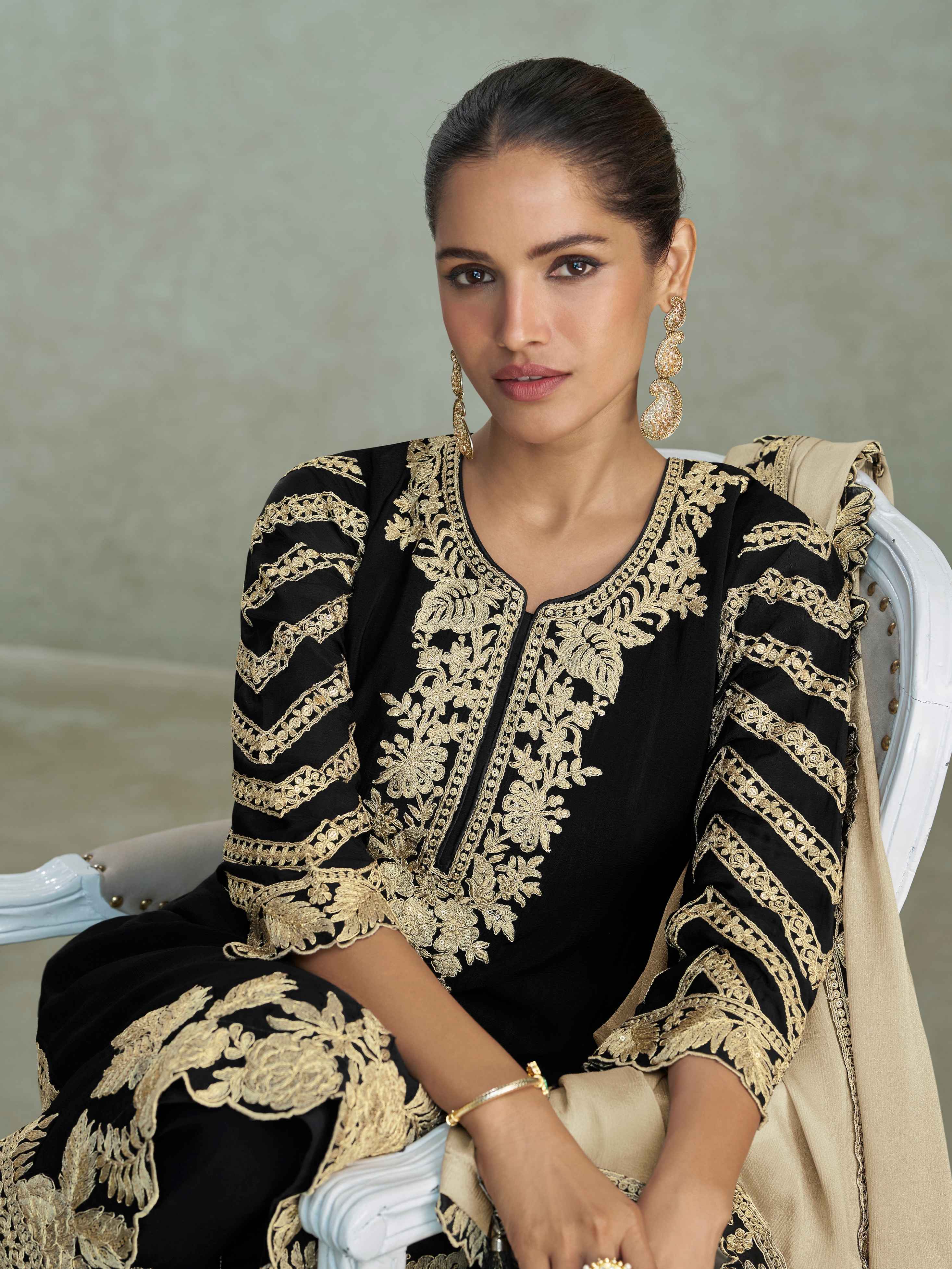 Black Premium Chinon Silk Heavy Embroidered Palazzo Suit with Dupatta Palazzo Suit Anant Tex Exports Pvt.Ltd..