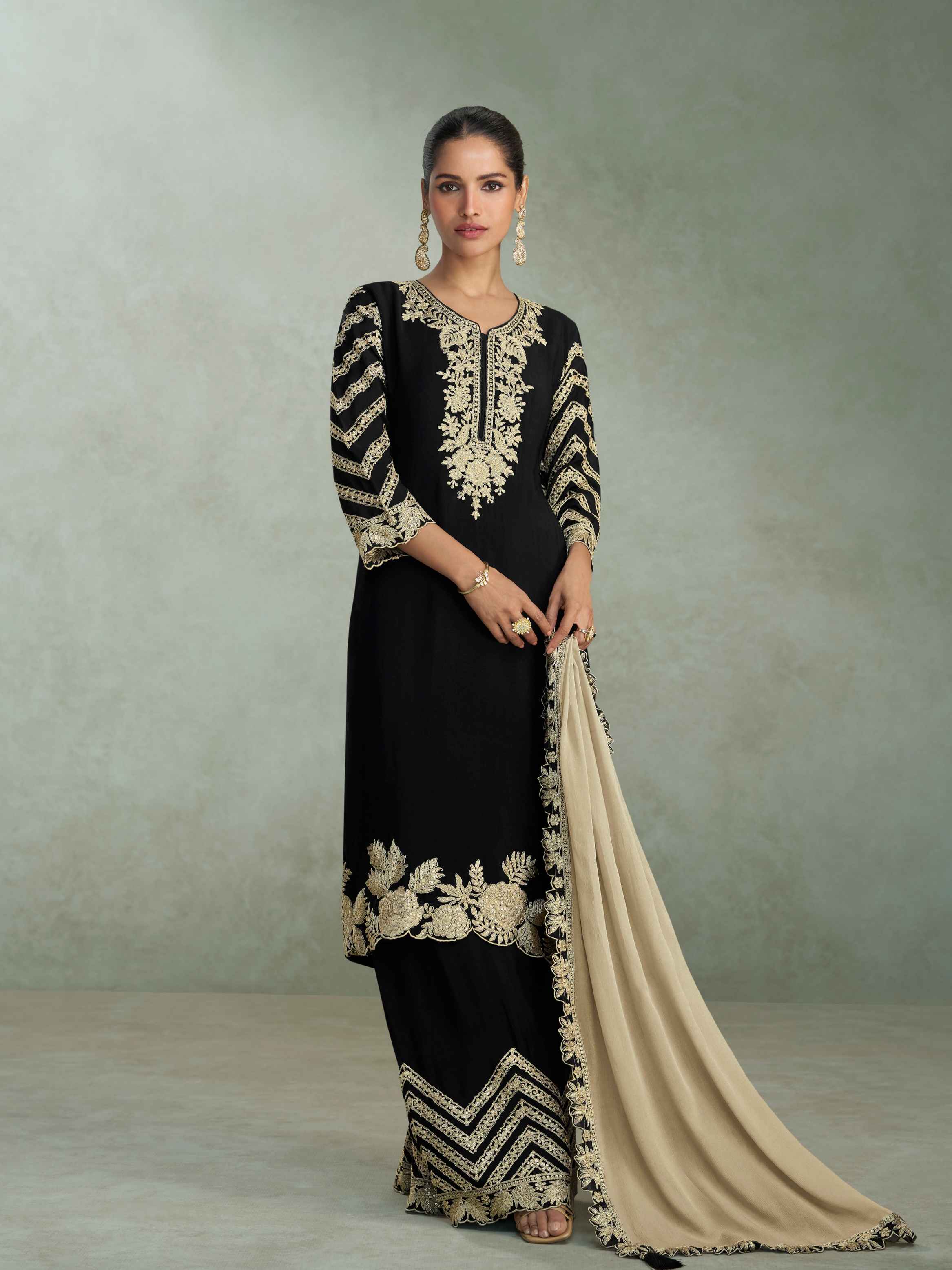 Black Premium Chinon Silk Heavy Embroidered Palazzo Suit with Dupatta Palazzo Suit Anant Tex Exports Pvt.Ltd..