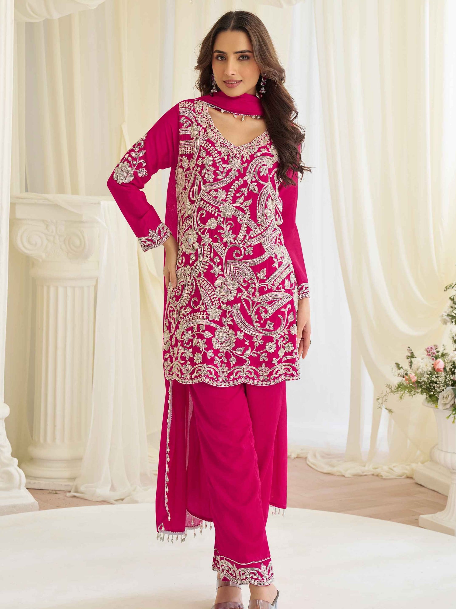 Fuchsia Pink Heavy Embroidered Georgette Chinon Palazzo Suit Palazzo Suit Anant Tex Exports Pvt.Ltd..