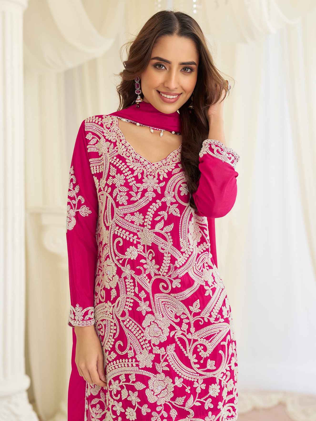 Fuchsia Pink Heavy Embroidered Georgette Chinon Palazzo Suit Palazzo Suit Anant Tex Exports Pvt.Ltd..