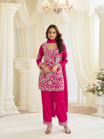 Fuchsia Pink Heavy Embroidered Georgette Chinon Palazzo Suit Palazzo Suit Anant Tex Exports Pvt.Ltd..